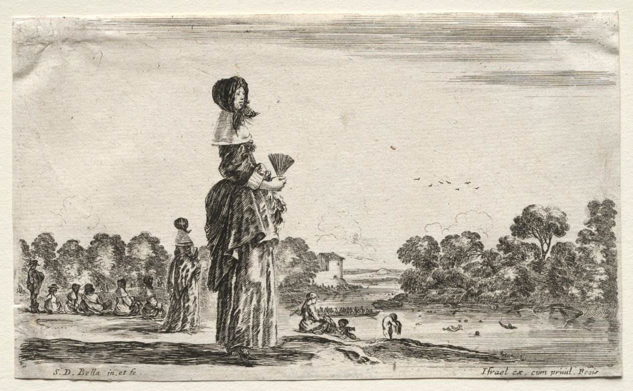 Various Figures and Landscapes: Women Watching Bathers along a River by Stefano della Bella
