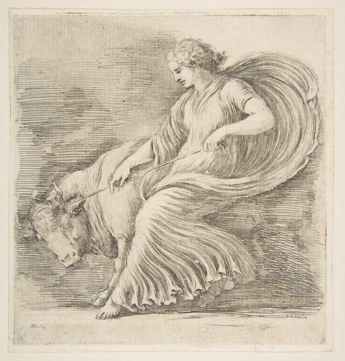 Young Woman Trying to Stop a Bull by Stefano della Bella