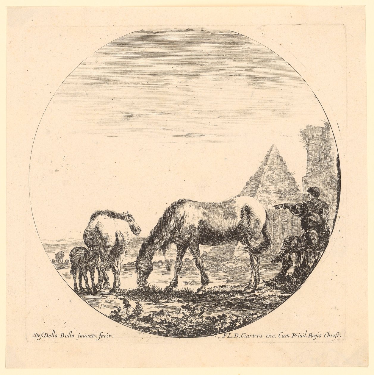 Two Horses with Foal and Two Shepherds at the Pyramid of Caius Cestius by Stefano della Bella