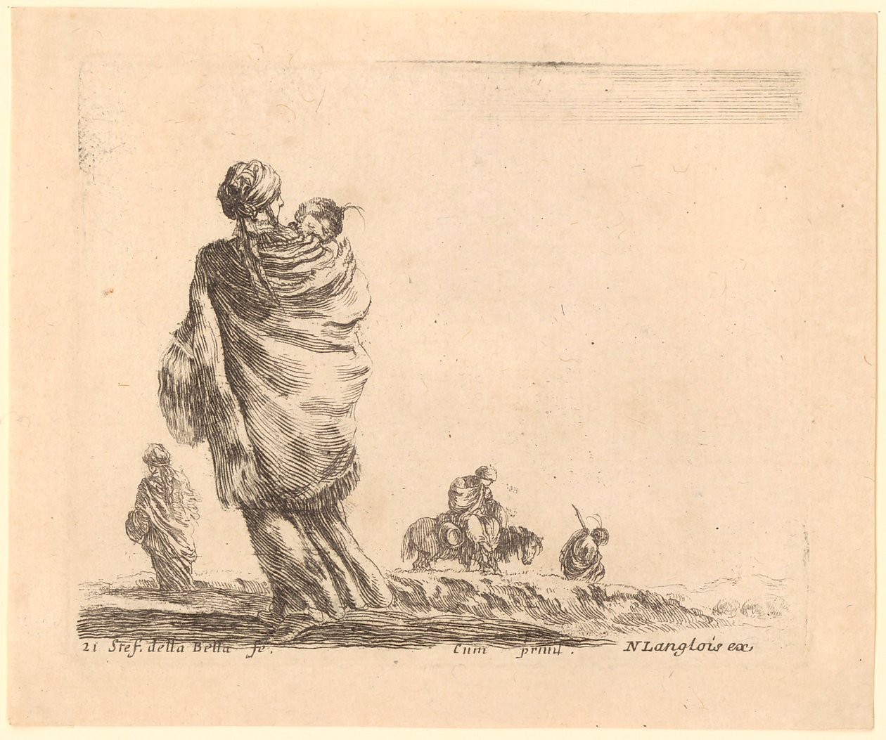 Two Women Walking to the Left, Viewed from Behind, with a Woman on a Donkey and a Man Facing Right by Stefano della Bella