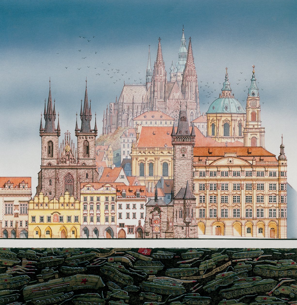 Prague Buildings and Russian Tanks, c.1980-1991 by Stephen Conlin