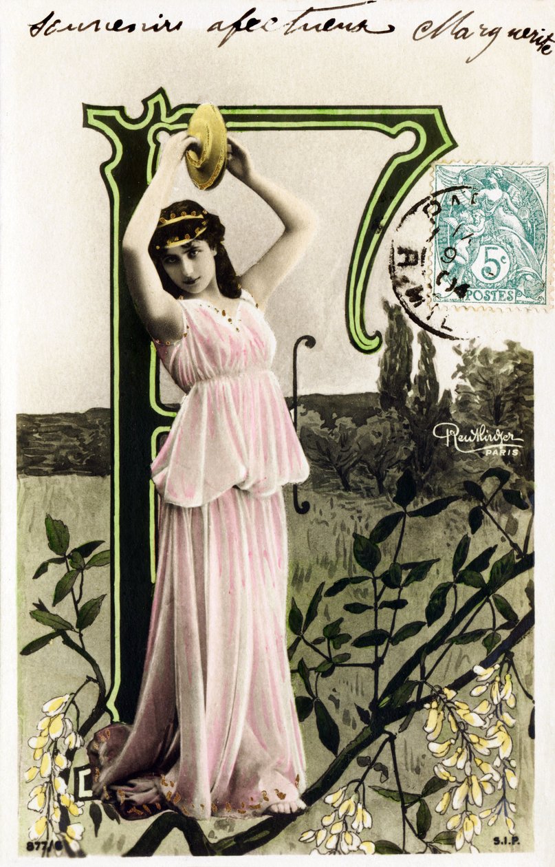 F: Mlle Beauregard, artist from 1900s - Alphabet in postcard by Studio Reutlinger