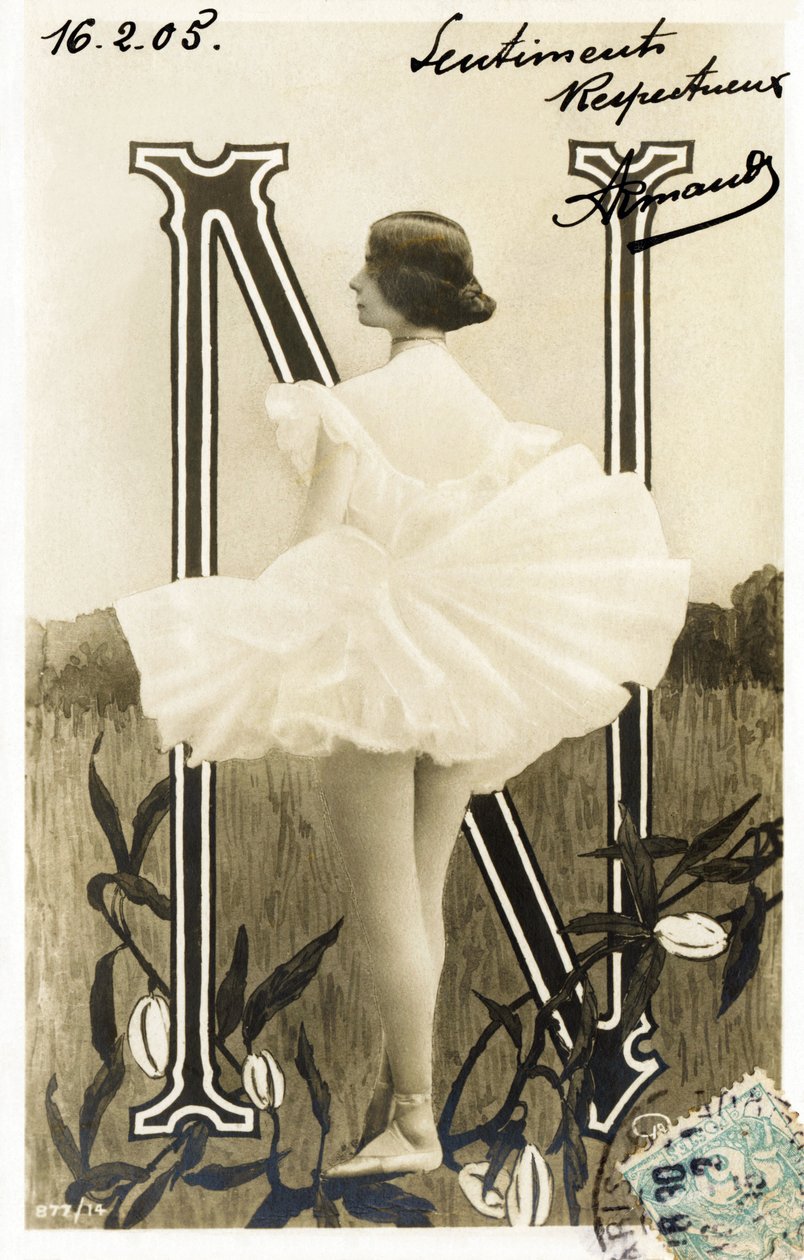 N: Cleopatre Diane de Merode, called Cleo de Merode, dancer from the Belle Epoque, trained at the Opera de Paris - Theatre des Folies Bergere, Paris - Alphabet in postcard by Studio Reutlinger