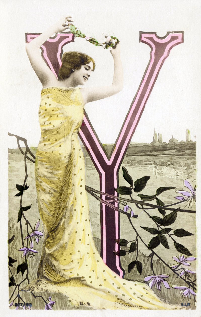 Y: Bianca Toledo, artist, singer and Sevillian dancer from the Belle Epoque - Casino de Paris, Folies Bergere - alphabet in postcard by Studio Reutlinger