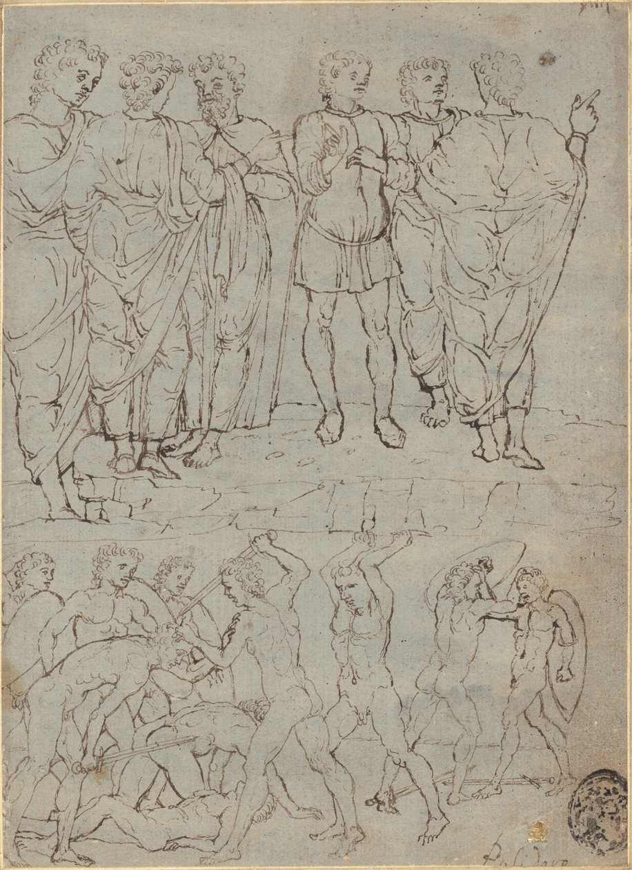 Six Conversing Men and Ten Battling Nudes by Studio of Francesco Squarcione