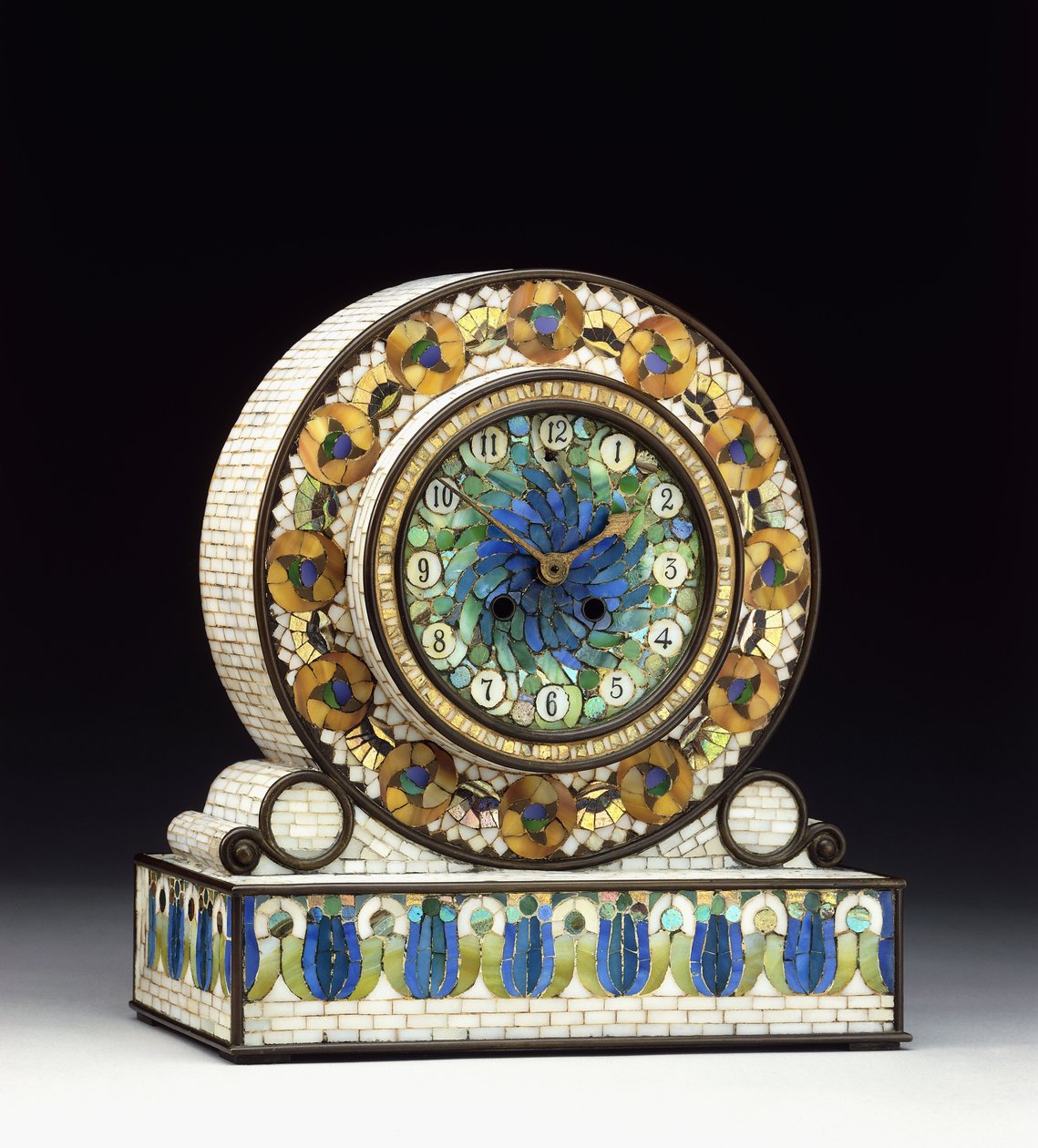 A Bronze-Mounted Mosaic Favrile Glass Mantel Clock, 20th Century by Studios Tiffany