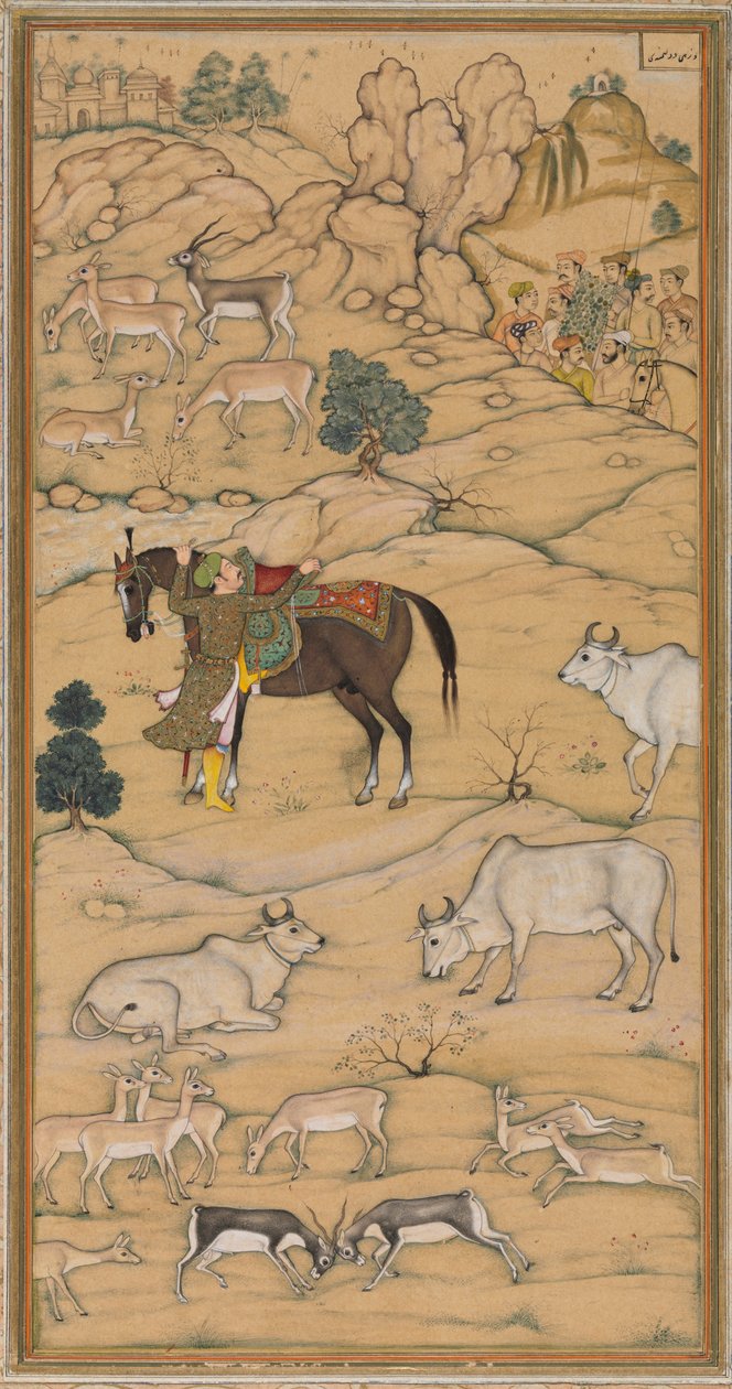 Akbar Mounting his Horse, page from the Chester Beatty Akbar Nama History of Akbar, 1605-07 by Sur Das Gujarati