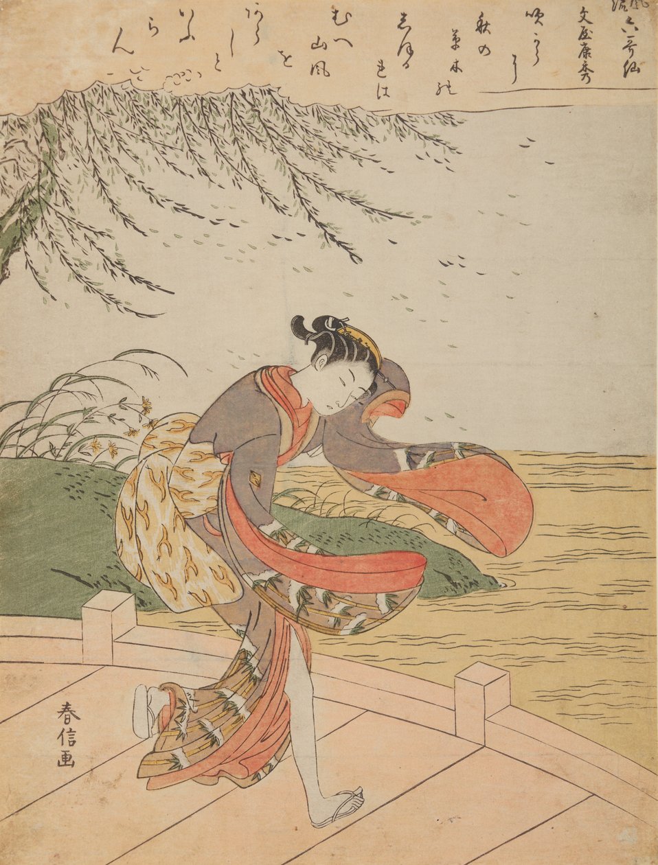 Girl on a Bridge in the Wind, from the series: Furyu rokkasen - The Six Elegant Immortal Poets by Suzuki Harunobu