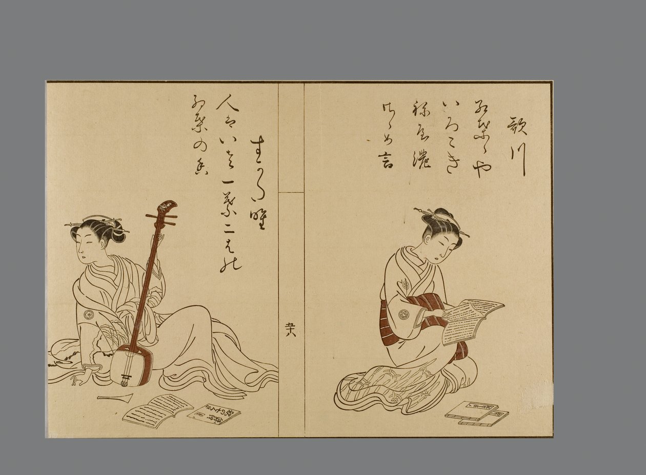 Harunobu style beauties reading and posing with samisen by Suzuki Harunobu