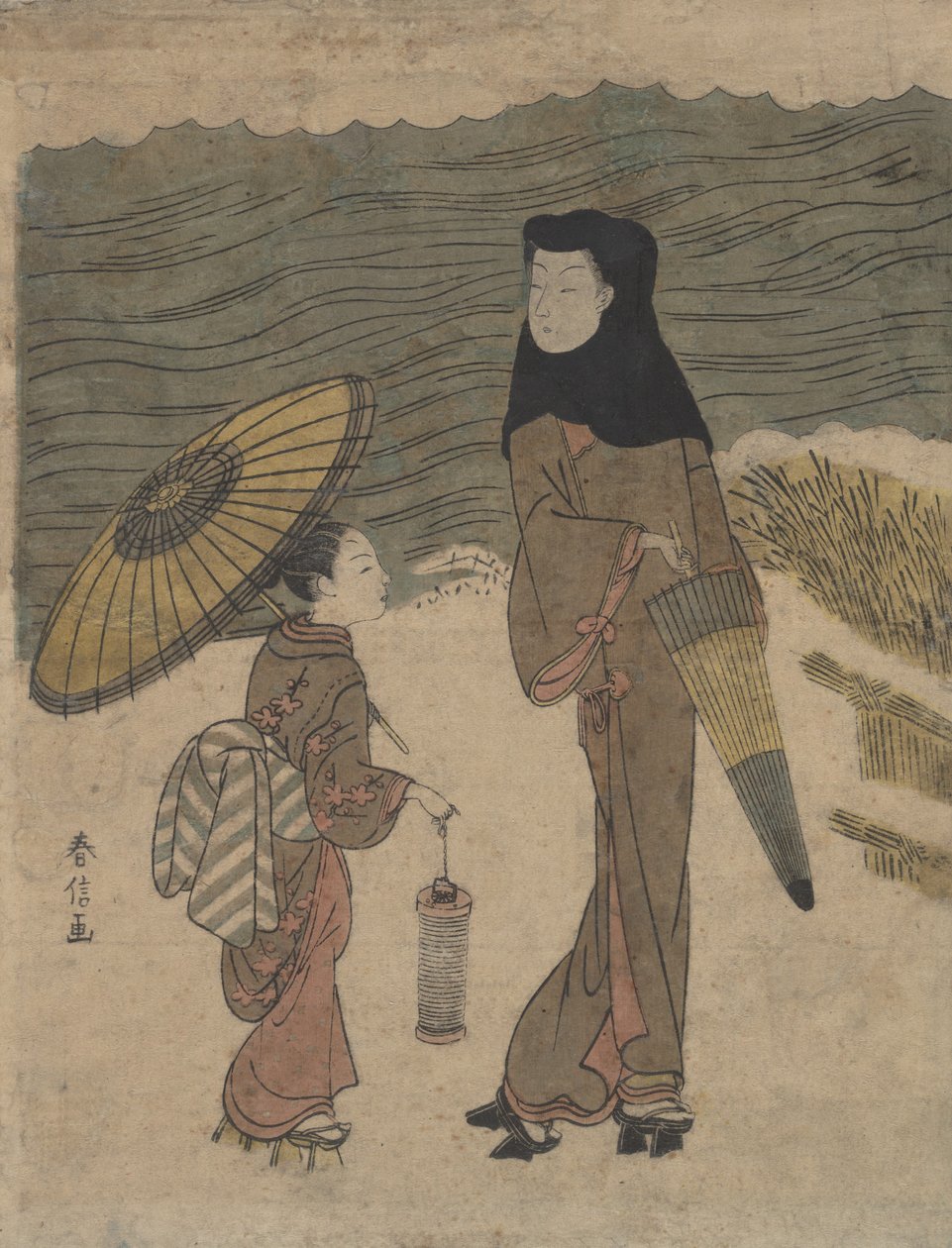 Lady with Black Hood and Umbrella Out Walking with Young Attendant by Suzuki Harunobu
