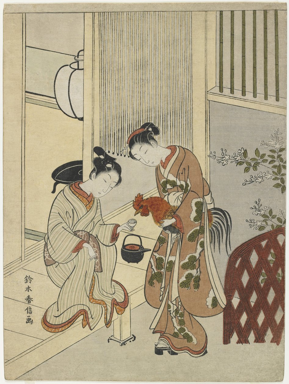 Lovers Plying a Rooster with Sake by Suzuki Harunobu