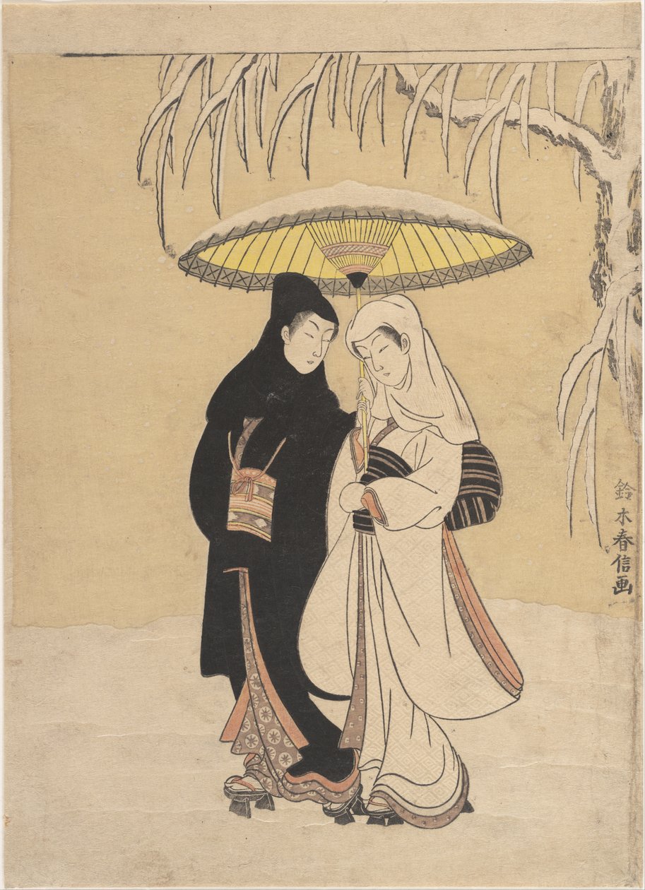 Lovers Walking in the Snow (Crow and Heron) by Suzuki Harunobu