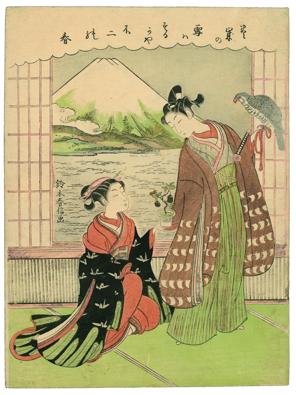 Lucky Dream for the New Year: Mt. Fuji, Falcon and Eggplants by Suzuki Harunobu