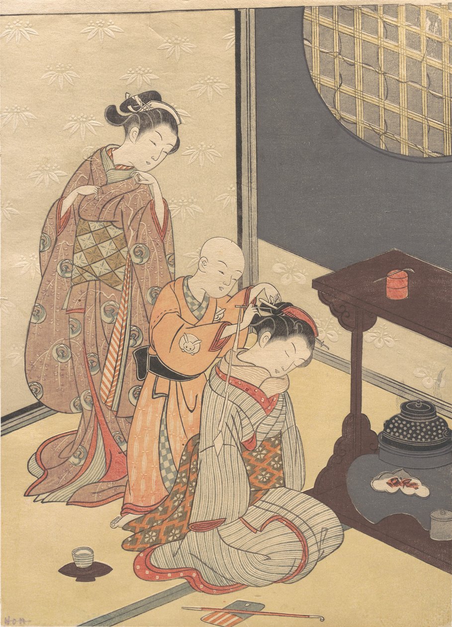 Night Rain at the Double-Shelf Stand, from the Series Eight Parlor Views by Suzuki Harunobu