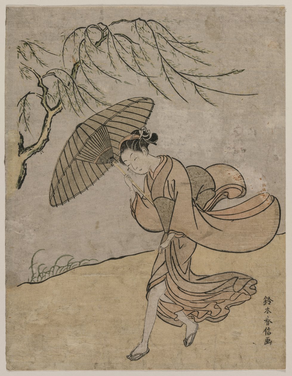 Woman Running Past a Willow Tree in a Breeze by Suzuki Harunobu