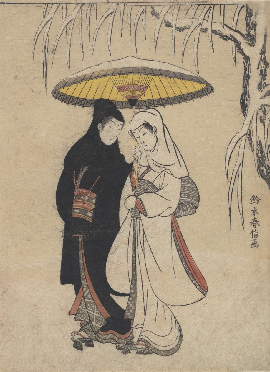 Young Lovers Walking Together Under an Umbrella in a Snow Storm Crow and Heron by Suzuki Harunobu