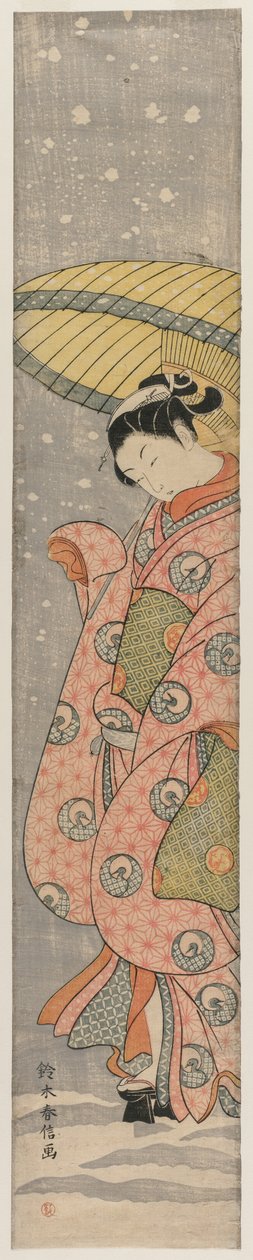Young Woman Standing Under an Umbrella in the Snow by Suzuki Harunobu