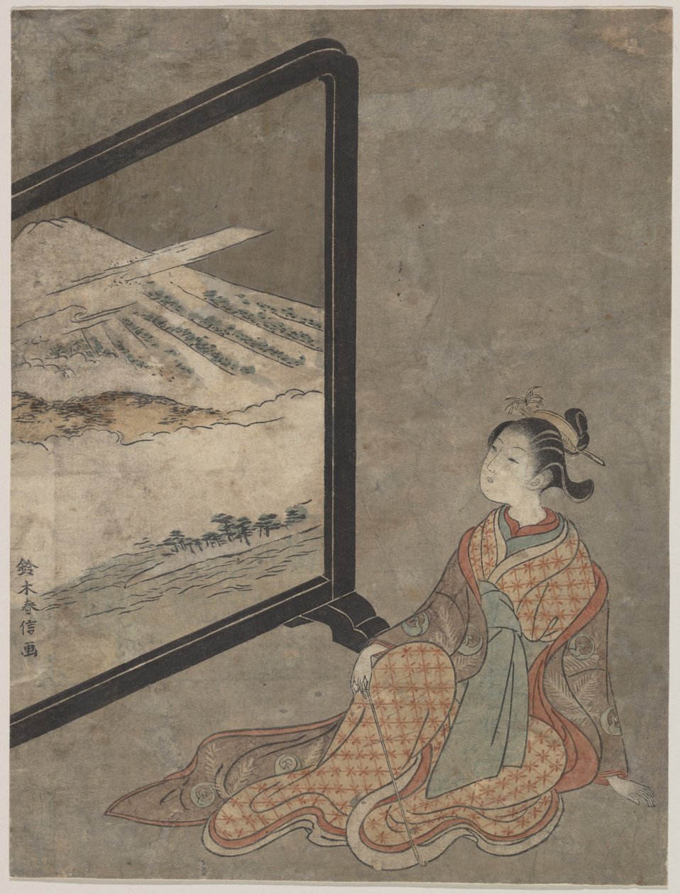 Young Woman with a Pipe in Her Hand Gazing at Landscape Painted on a Screen by Suzuki Harunobu