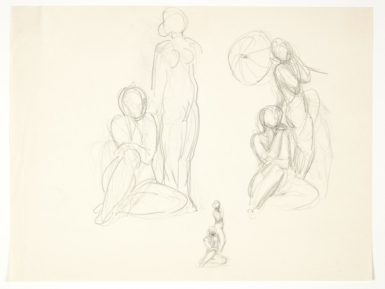 Study Sheet with Three Drafts for a Group with Standing and Sitting Woman by Svend Rathsack