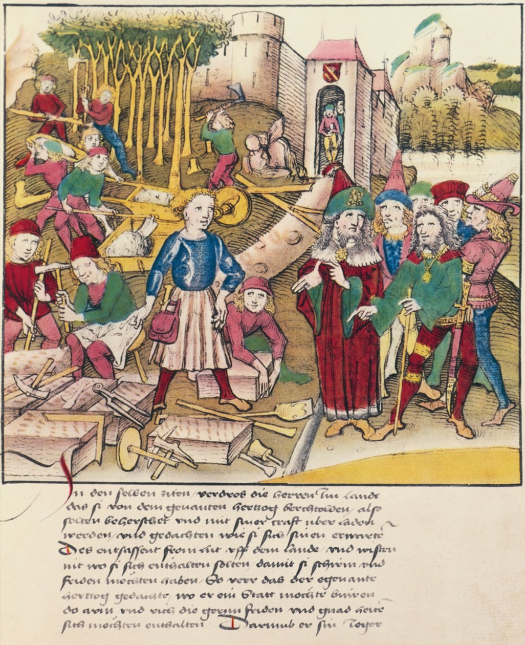 Foundation of the city of Bern in 1191, miniature from Spiezer Bilderchronik, Switzerland by Swiss School