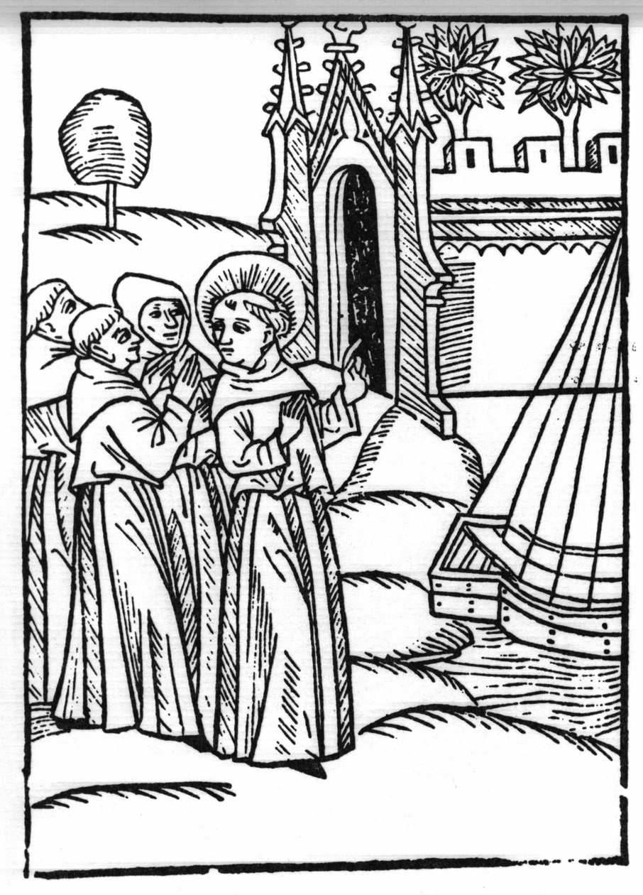 The legend of Saint Brendan, Irish saint of the 6th century. The monks and Saint Brendan discover the Earthly Paradise. Engraving of 