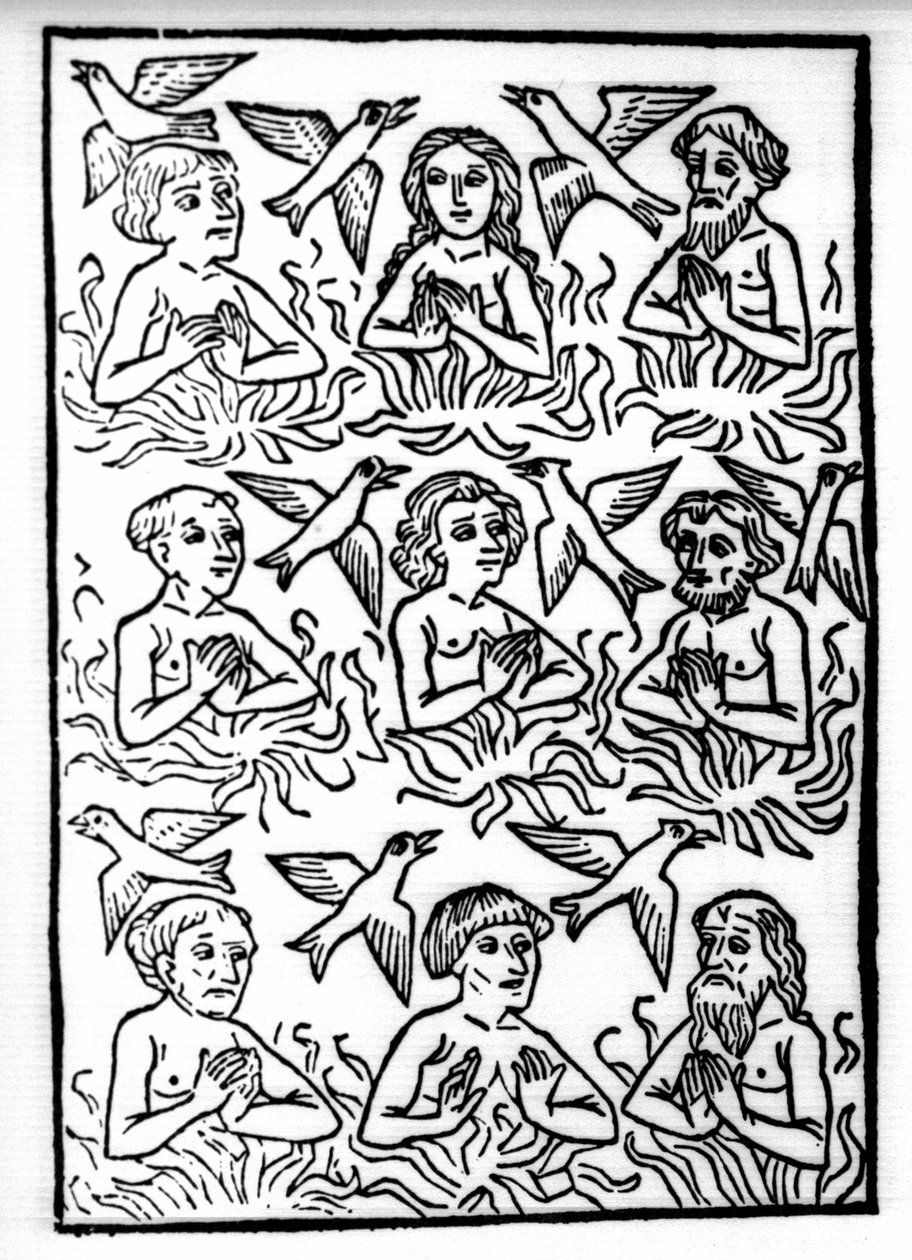 The legend of Saint Brendan (Brandan), hero and Irish saint of the 6th century: The fires of Purgatory and the firebirds. Engraving of 