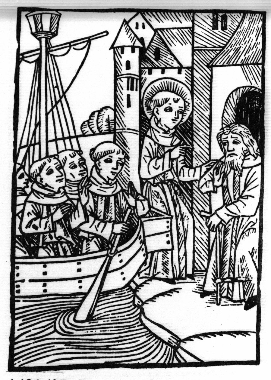 The legend of Saint Brendan (Brandan), hero and Irish saint of the 6th century. The saint meets the former Haylbray and understands that he has returned to Scotland. Engraving of 