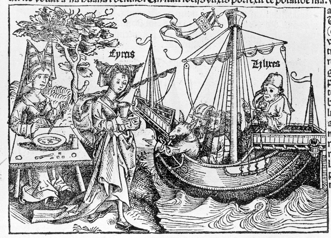Ulysses and his companions transformed into pigs by the magician Circe - in Cosmographia by Sebastian Munster, Basel 1558 by Swiss School