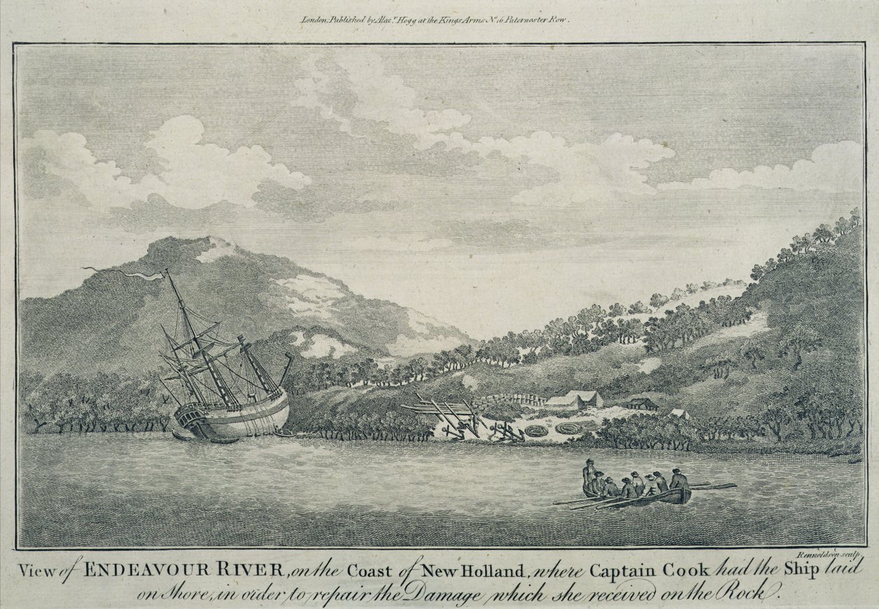 Captain Cook having the Endeavour repaired in a harbour on one of the Hope Islands - Engraving by Sydney (after) Parkinson