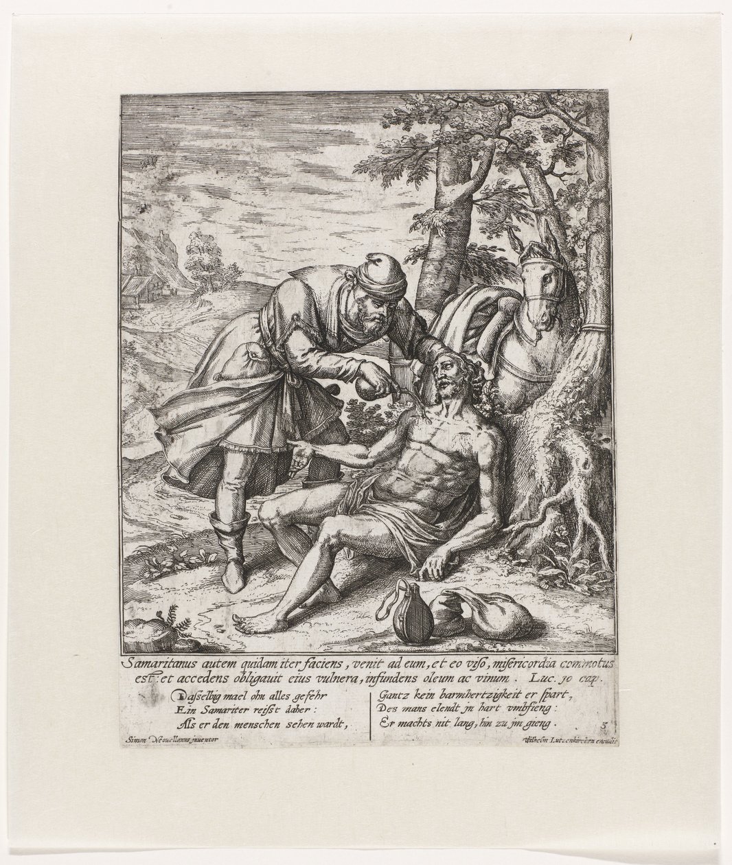 The Good Samaritan Tends to the Wounds of the Robbed Traveler (Parable of the Good Samaritan) by Symon Novelanus
