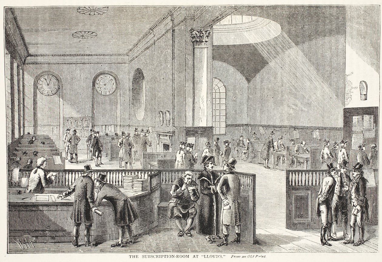 The Subscription Room at Lloyds, after an old print by Pugin and Rowlandson