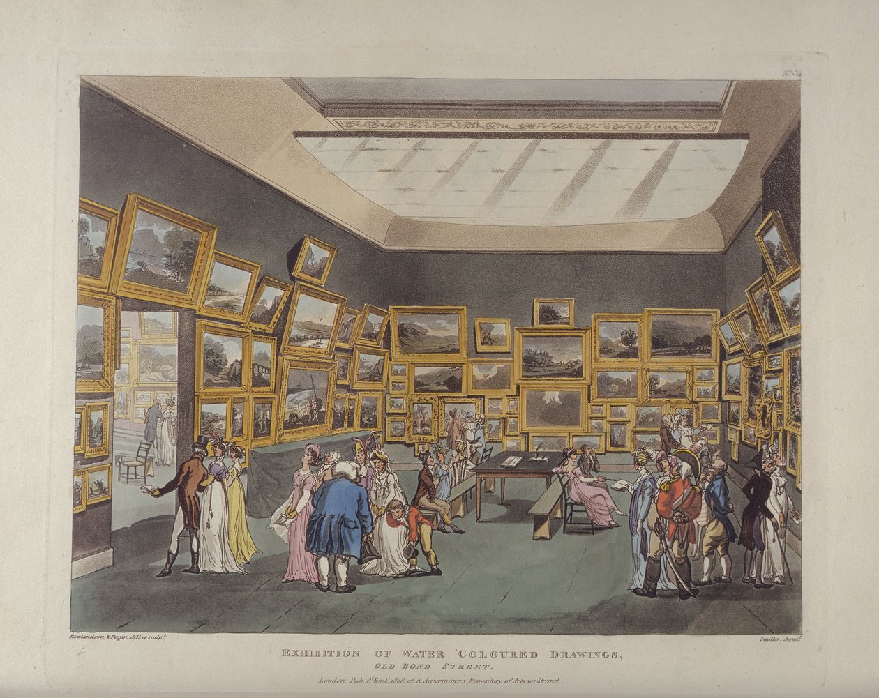 Exhibition of Water Coloured Drawings, Old Bond Street, plate 34, from Ackermanns Microcosm of London, or, London in Miniature, published by Rudolph Ackermann engraved by Joseph Constantin by T. and Pugin Rowlandson