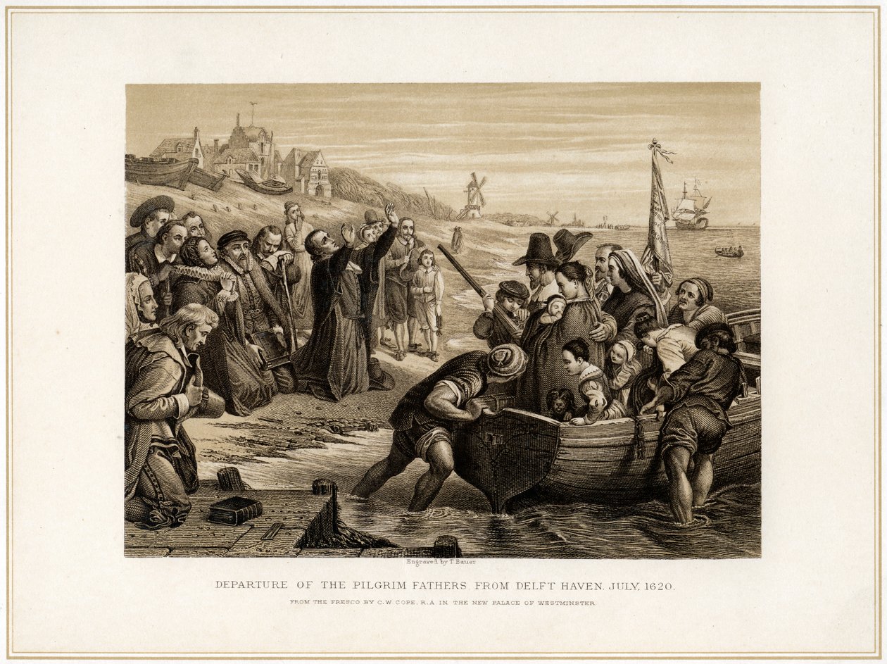 Departure of the Pilgrim Fathers from Delft Haven, July 1620, 19th Century by T Bauer