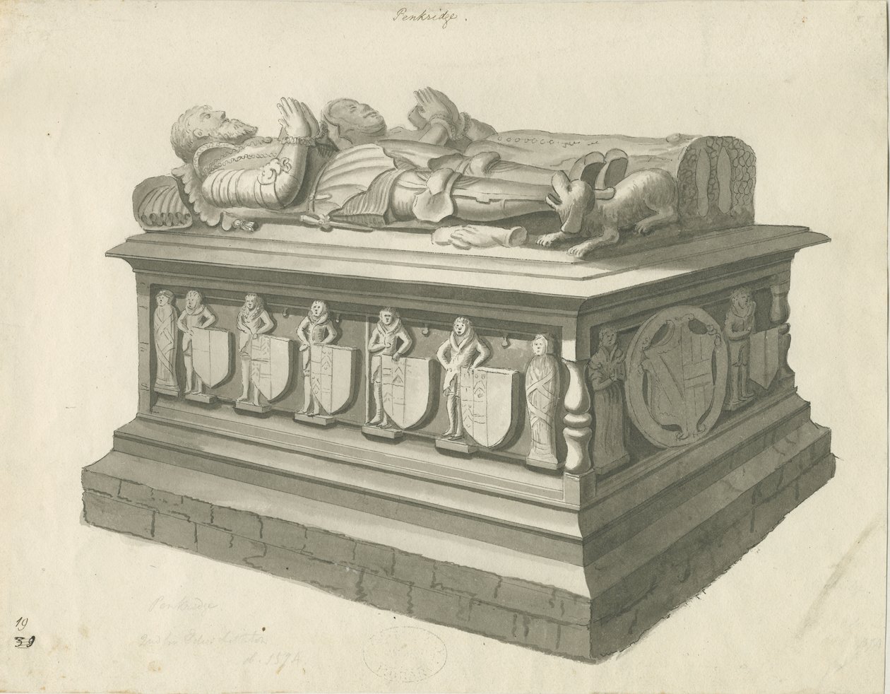 Penkridge Church - Tomb of Sir Edward Littleton: sepia drawing by T Carter