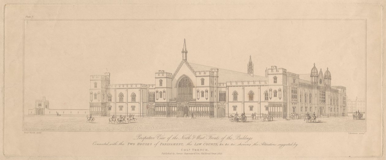 Perspective View of the North and West Fronts of the Buildings connected with the Two Houses of Parliament, the Law Courts by T. Kearnan
