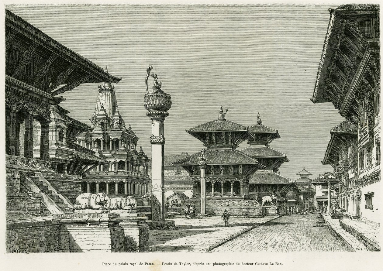 Place of the Royal Palace of Patan (Present Lalitpur). Engraving to illustrate the story Voyage au Nepal, by Dr. Gustave Le Bon, in le tour du monde 1886, directed by Edouard Charton, Hachette, Paris. by T Taylor