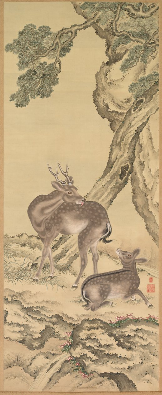 Symbols of Longevity: Deer under Peach and Pine (left), Pair of hanging scrolls by Tadanaka Toda