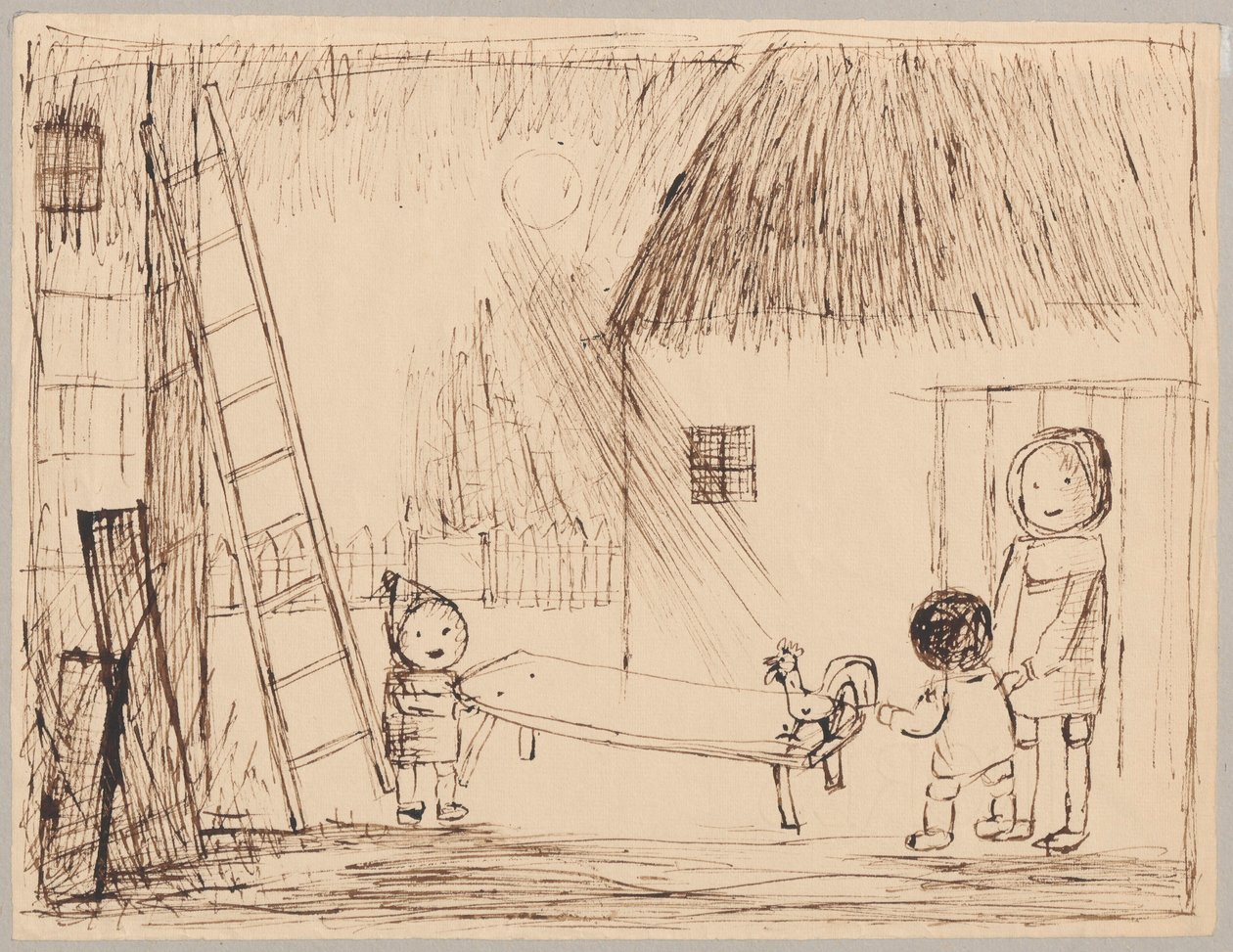 Three Children with a Rooster in the Yard by Tadeusz Makowski