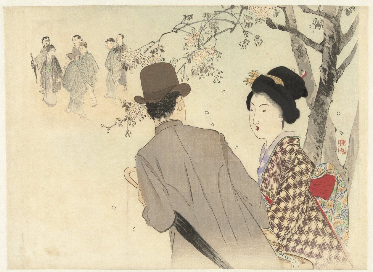 Man with Bowler Hat and Umbrella and Lady in Kimono by Takeuchi Keishū