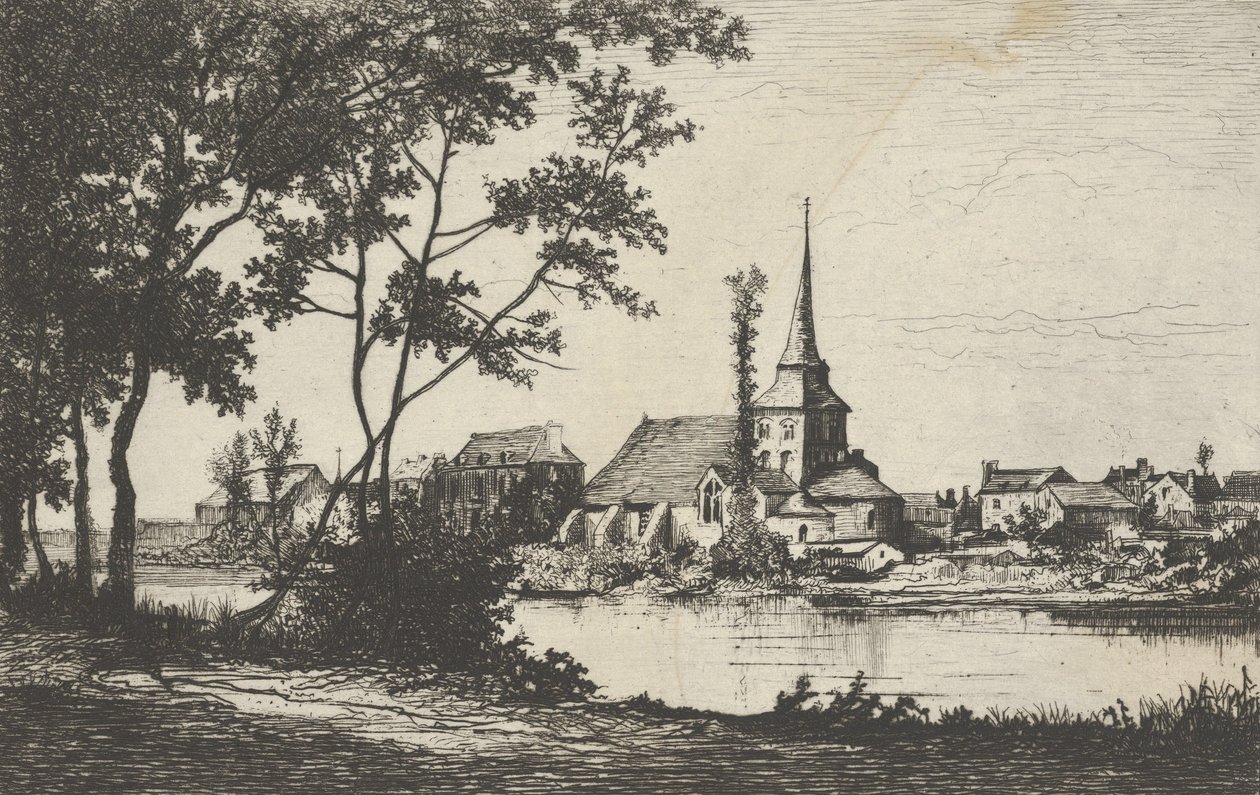Town with a Church Across a River by Tancrède Abraham