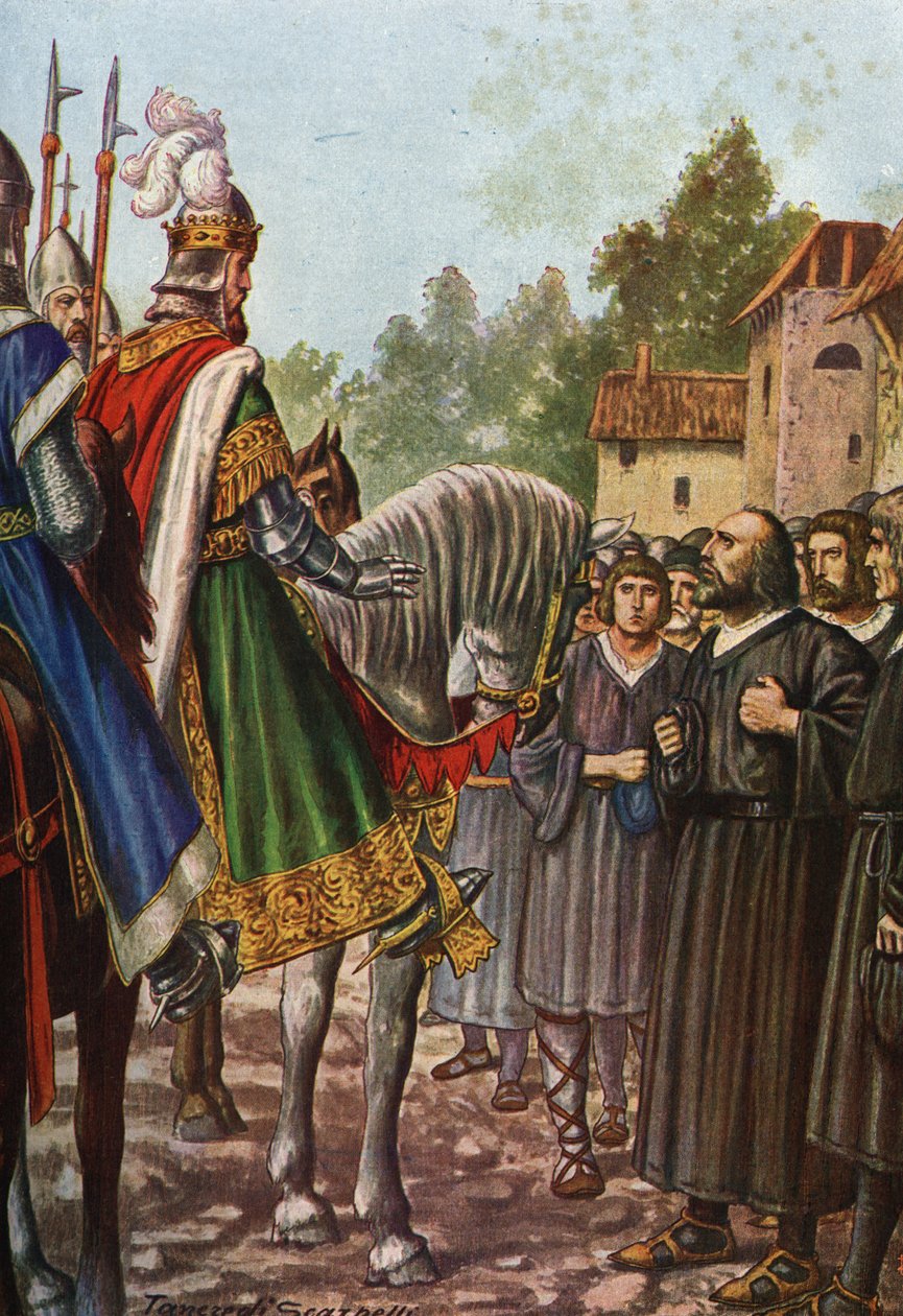 Emperor Frederic I Barbarossa (1122-1190) on his second trip to Italy in 1158 passes the river Adda and meets the people of Lodi who beg him to get their territory back (Illustration by Tancredi Scarpelli from Storia d