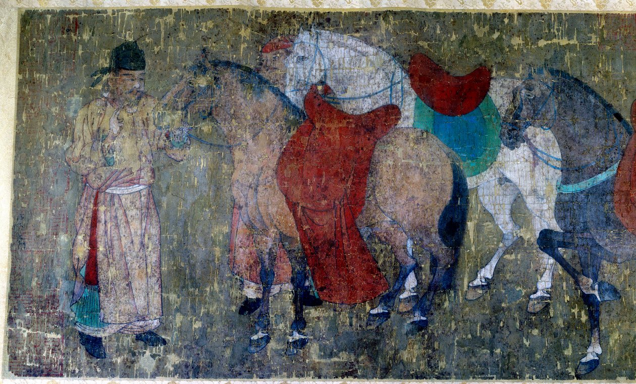Chinese Art: Two Palefreniers Driving Four Horses in an Imperiale Stable (detail) by Tang Dynasty Chinese School