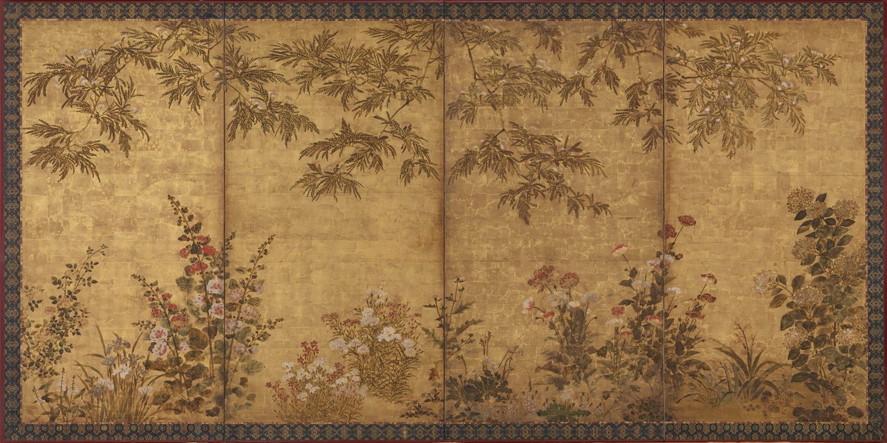 Mimosa Tree, Poppies and Other Summer Flowers by Tawaraya Sosetsu