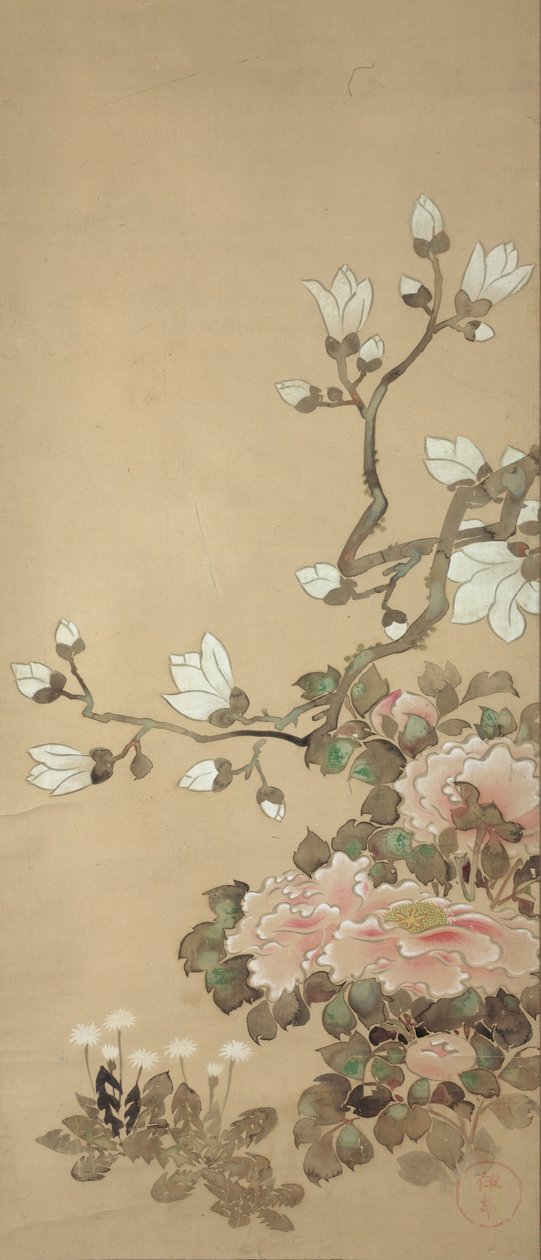 Peonies, Magnolia, and Dandelions by Tawaraya Sotatsu