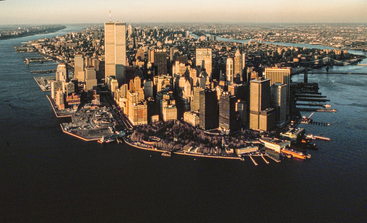 Aerial view of Lower Manhattan waterfront from New York Harbor
