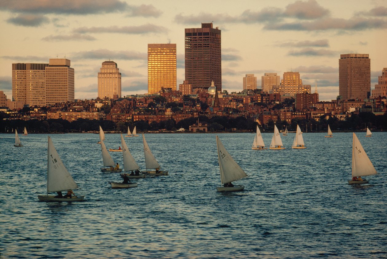 Sailboats at sunset in Charles River Basin, below Beacon Hill by Ted Spiegel