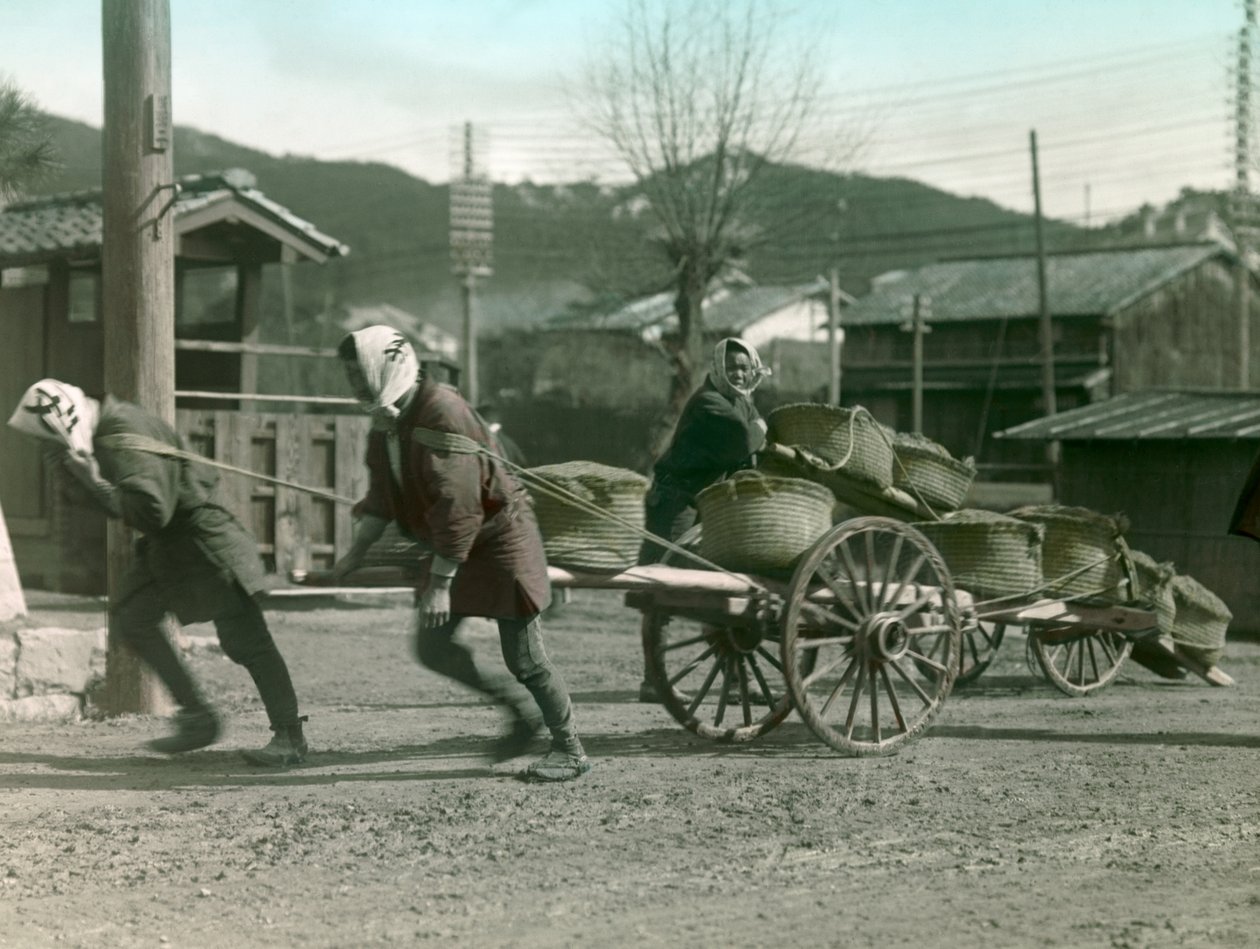 Japanese Peasants Pulling Sacks of Rice on a Cart, circa 1900 - 1915 by Teijiro Takagi