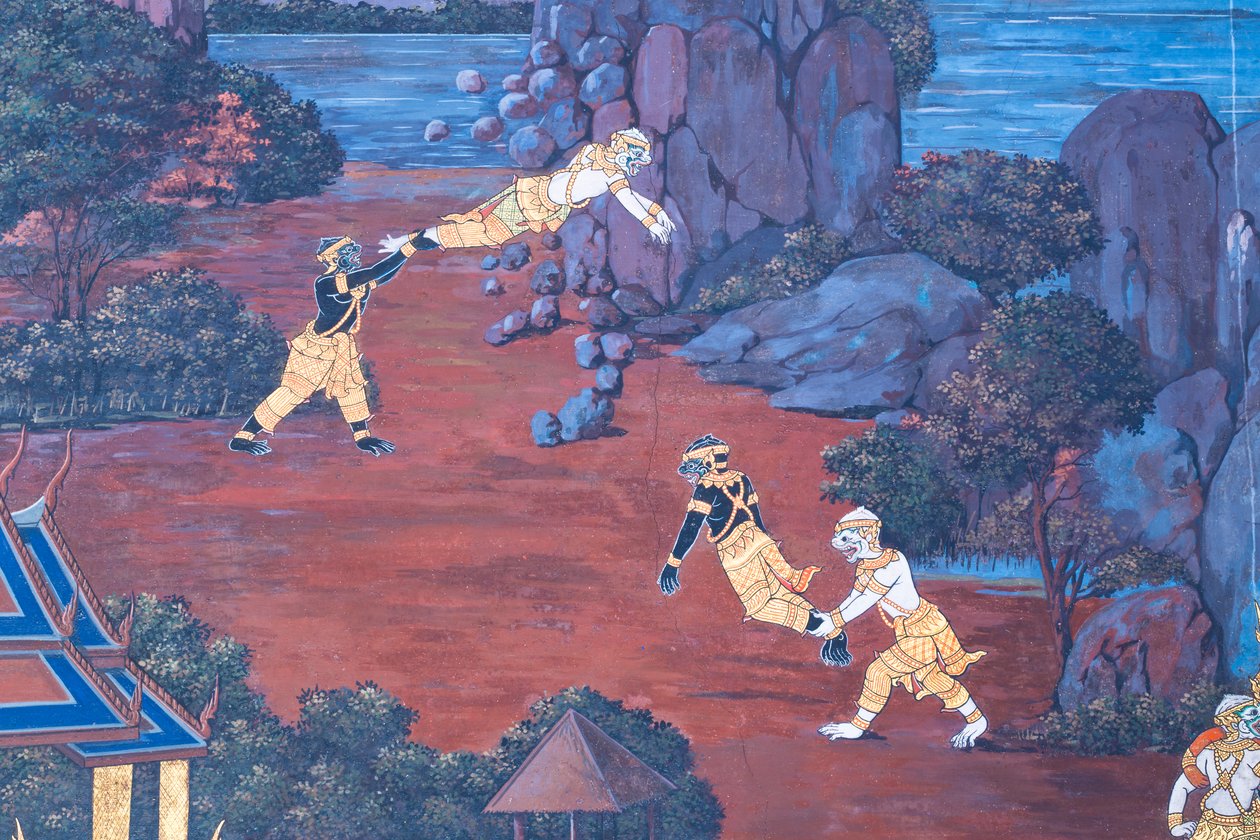 Mural depicting scenes from the Ramayana at Wat Phra Kaeo, the Royal Grand Palace, Bangkok, Thailand by Thai School