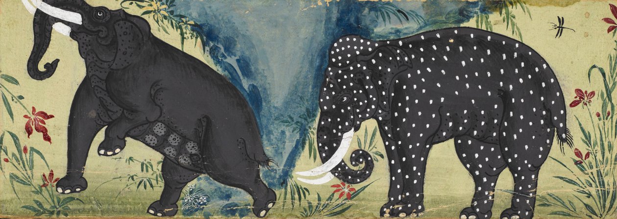 Two elephants by a river, one covered in white spots by Thai School