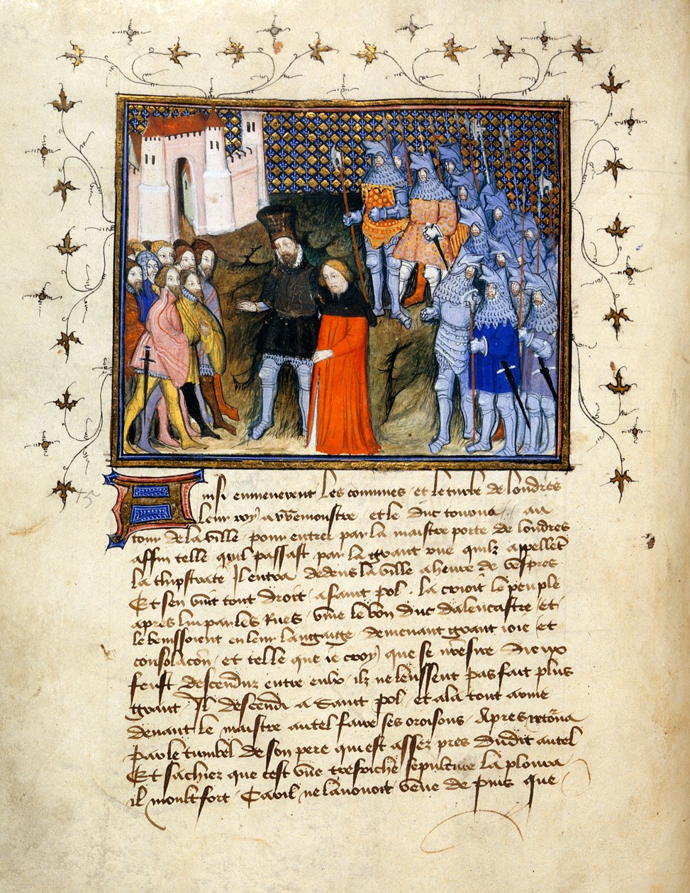 King Richard II, led captive by Henry Bolingbroke to London, renounces the throne; decorated border with text below by The Virgil Master